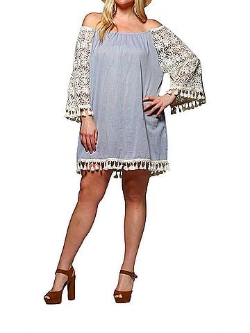 Velzera Crochet Sleeve Fringe Mini Dress in Sky Blue (view 2)
