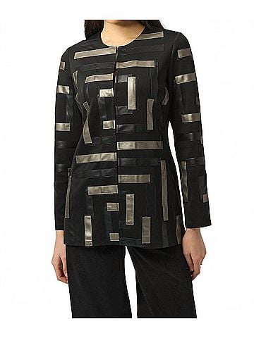 Joseph Ribkoff Scuba &amp; Leatherette Collarless Jacket in Black (view 2)