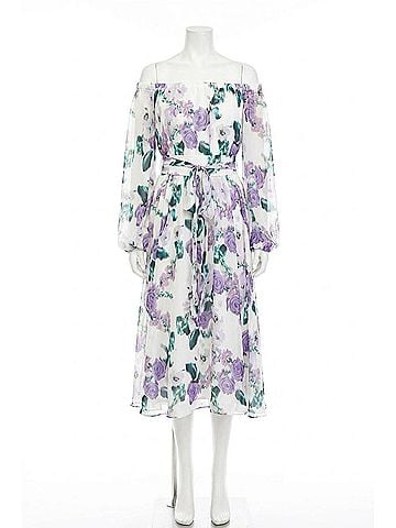 Maison Tara Floral Off The Shoulder Long Sleeve Midi A-Line Dress in Ivory Lilac (view 1)