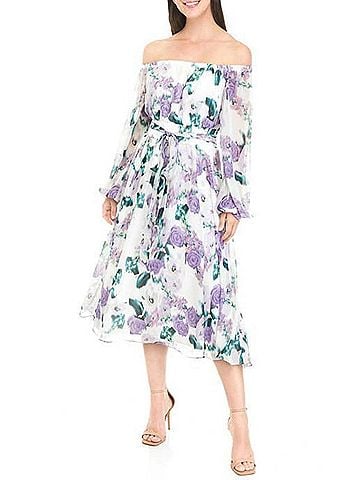 Maison Tara Floral Off The Shoulder Long Sleeve Midi A-Line Dress in Ivory Lilac (view 2)