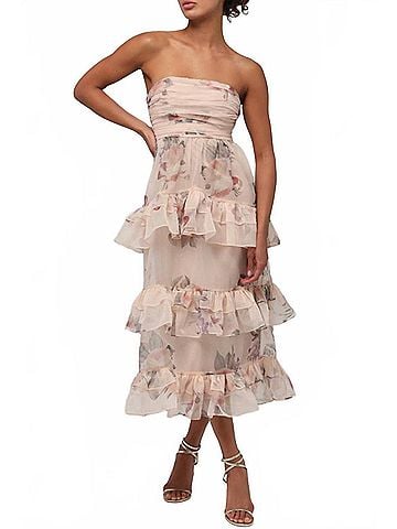 Lulus Marigold Tiered Strapless Dress in Beige (view 2)