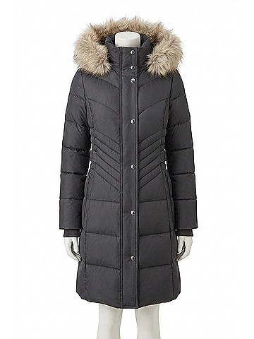 London Fog Zip-Front Long Length Puffer Jacket With Zip-Off Fur Trim Hood in Gunmetal (view 1)