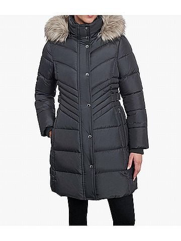 London Fog Zip-Front Long Length Puffer Jacket With Zip-Off Fur Trim Hood in Gunmetal (view 2)