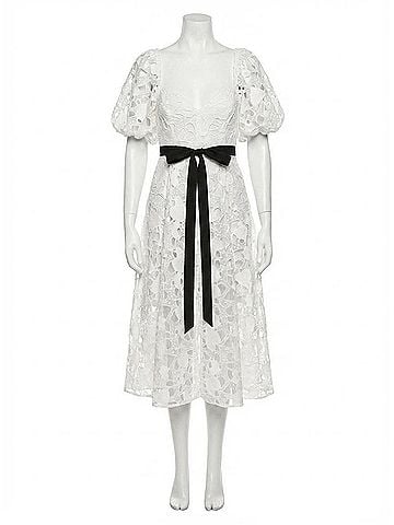 For Love & Lemons Marlene Heart Embroidery Puff Sleeve Midi Dress in White (view 1)