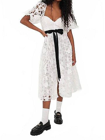 For Love & Lemons Marlene Heart Embroidery Puff Sleeve Midi Dress in White (view 2)