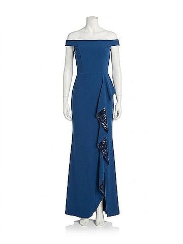 Carmen Marc Valvo Off The Shoulder Ruffle Gown in Blue (view 1)