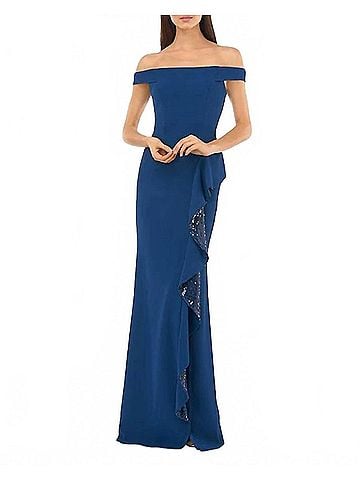 Carmen Marc Valvo Off The Shoulder Ruffle Gown in Blue (view 2)