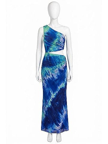 Dress the Population Nylah One Shoulder Tie Dye Mermaid Gown in Blue Green (view 1)