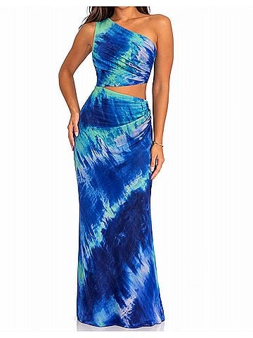 Dress the Population Nylah One Shoulder Tie Dye Mermaid Gown in Blue Green (view 2)