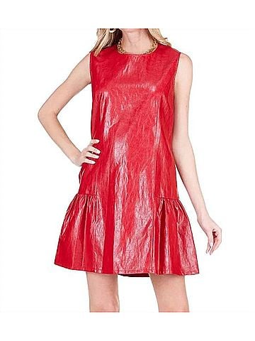 Joy Joy Flounced Hem Vegan Dress in Red (view 2)