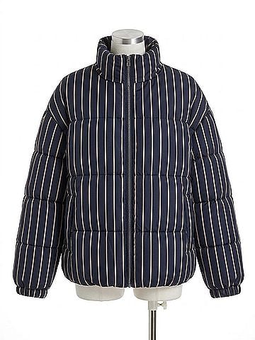 Blu Pepper Women's Striped High Neck Puffer Jacket in Navy (view 1)