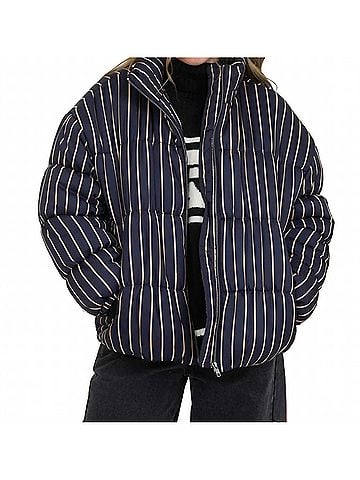 Blu Pepper Women's Striped High Neck Puffer Jacket in Navy (view 2)