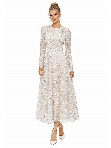 Dress the Population Embellished Tea-Length Midi Dress in White (view 2)