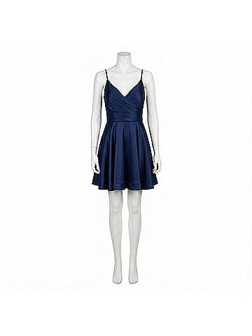 La Femme Satin V-Neck A-Line Cocktail Mini Dress in Navy (view 1)