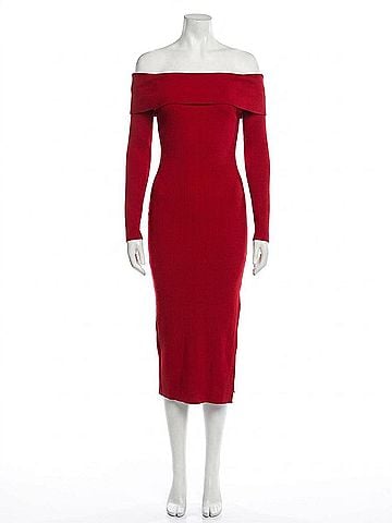 Crescent Angie Off Shoulder Midi Dress in Ruby (view 1)