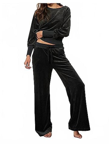 Bobi Rib Mix Wide Leg Drawstring Pant in Evergreen (view 2)