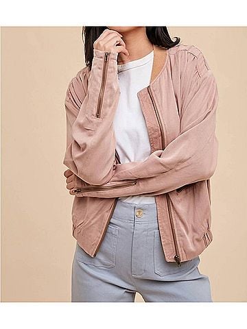 In Loom Garment Washed Tencel Bomber Jacket in Desert Rose (view 2)