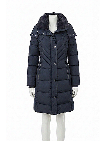 London Fog Zip-Front Hooded Heavy Weight Puffer Jacket With Button-Off Fur Collar in Navy (view 1)