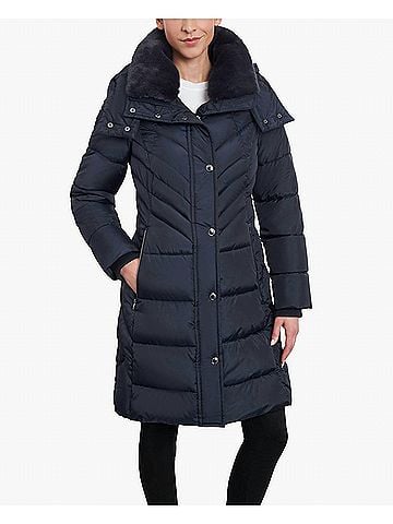 London Fog Zip-Front Hooded Heavy Weight Puffer Jacket With Button-Off Fur Collar in Navy (view 2)
