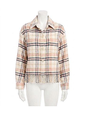Karen Kane Rose Plaid Fringe Shirt Jacket in Pink, Black And White (view 1)