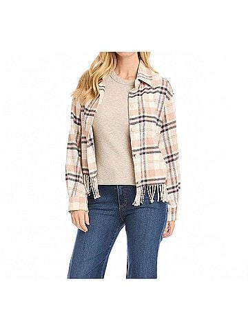 Karen Kane Rose Plaid Fringe Shirt Jacket in Pink, Black And White (view 2)