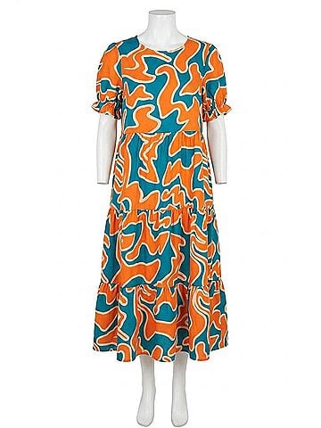 Jade by Jane Beautiful Chaos Tiered Short Sleeve A-Line Midi Dress in Teal/Orange (view 1)