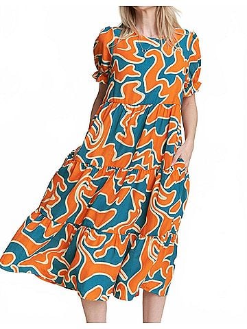 Jade by Jane Beautiful Chaos Tiered Short Sleeve A-Line Midi Dress in Teal/Orange (view 2)