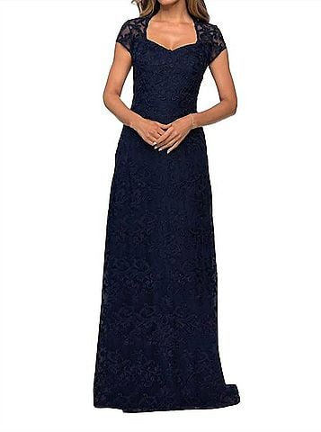 La Femme Lace V Neck Sheath Dress in Navy (view 2)