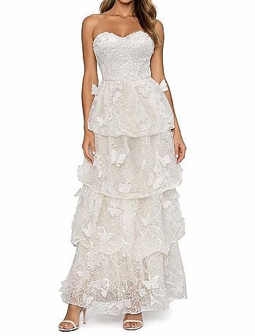 Dress the Population 3d Butterfly Strapless Tiered Gown in White (view 2)