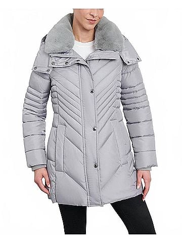 London Fog Zip-Front Hooded Puffer Jacket With Button-Off Fur Collar in Pearl Grey (view 2)