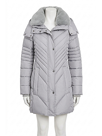 London Fog Zip-Front Hooded Puffer Jacket With Button-Off Fur Collar in Pearl Grey (view 1)