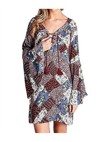 Velzera Floral Patchwork Print Mini Dress in Red (view 2)