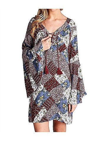 Velzera Floral Patchwork Print Mini Dress in Red (view 2)