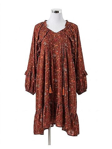Easel Floral Printed Short Dress in Chestnut (view 1)