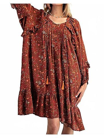 Easel Floral Printed Short Dress in Chestnut (view 2)
