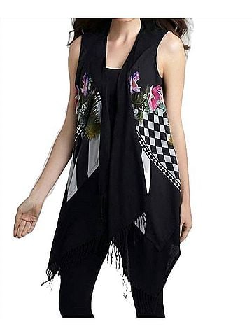 Angel Checkerboard Floral Long Vest in Black Multi (view 2)