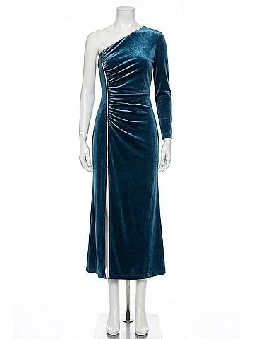 Donna Morgan Velvet One Shoulder Embellished Front Slit Midi Dress in Poseidon (view 1)