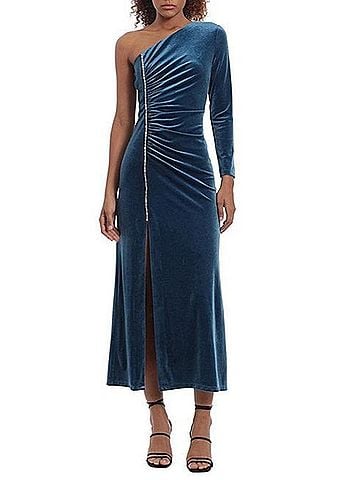 Donna Morgan Velvet One Shoulder Embellished Front Slit Midi Dress in Poseidon (view 2)