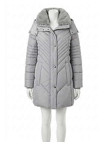 London Fog Plus Size Zip-Front Hooded Puffer Jacket With Button-Off Fur Collar in Pearl Grey (view 1)
