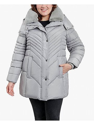 London Fog Plus Size Zip-Front Hooded Puffer Jacket With Button-Off Fur Collar in Pearl Grey (view 2)