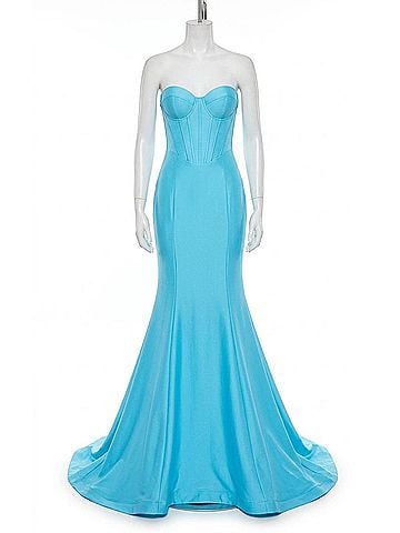 Portia & Scarlett Mermaid Gown With Side Detachable Bows in Blue (view 1)