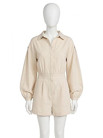 Line & Dot Long Sleeve Shorts Romper in Ecru (view 1)