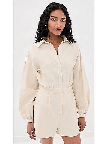 Line & Dot Long Sleeve Shorts Romper in Ecru (view 2)