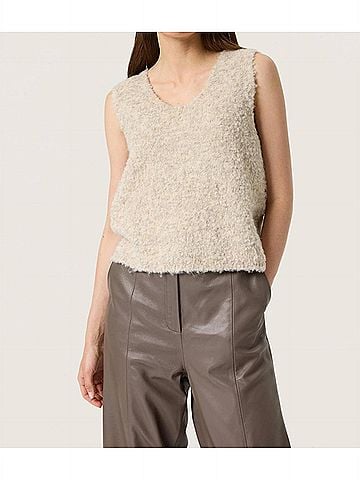 Soaked Venessa V-Neck Fluffy Knit Waistcoat in Oatmeal Melange (view 2)