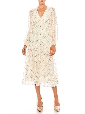 Maison Tara Dot Print Long Sleeve Tiered Maxi Dress in Sand Coral (view 2)