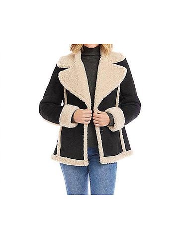 Karen Kane Faith Faux Suede Shearling Jacket in Black And Cream (view 2)