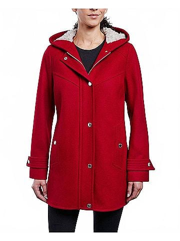 London Fog Zip-Front Sherpa Lined Hood 31" Wool Jacket in Red (view 2)
