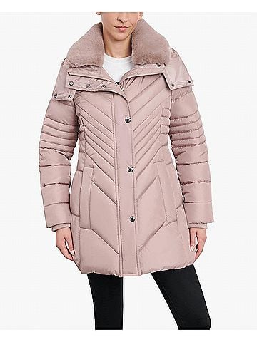 London Fog Zip-Front Hooded Puffer Jacket With Button-Off Fur Collar in Rosewood (view 2)
