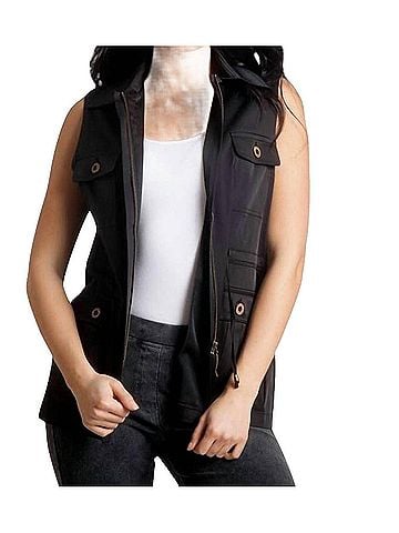 Angel Zip-Up Pocket Anorak Vest in Black (view 2)