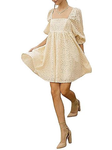 Storia Crochet-Lace Baby Doll Mini Dress in Vanilla (view 2)